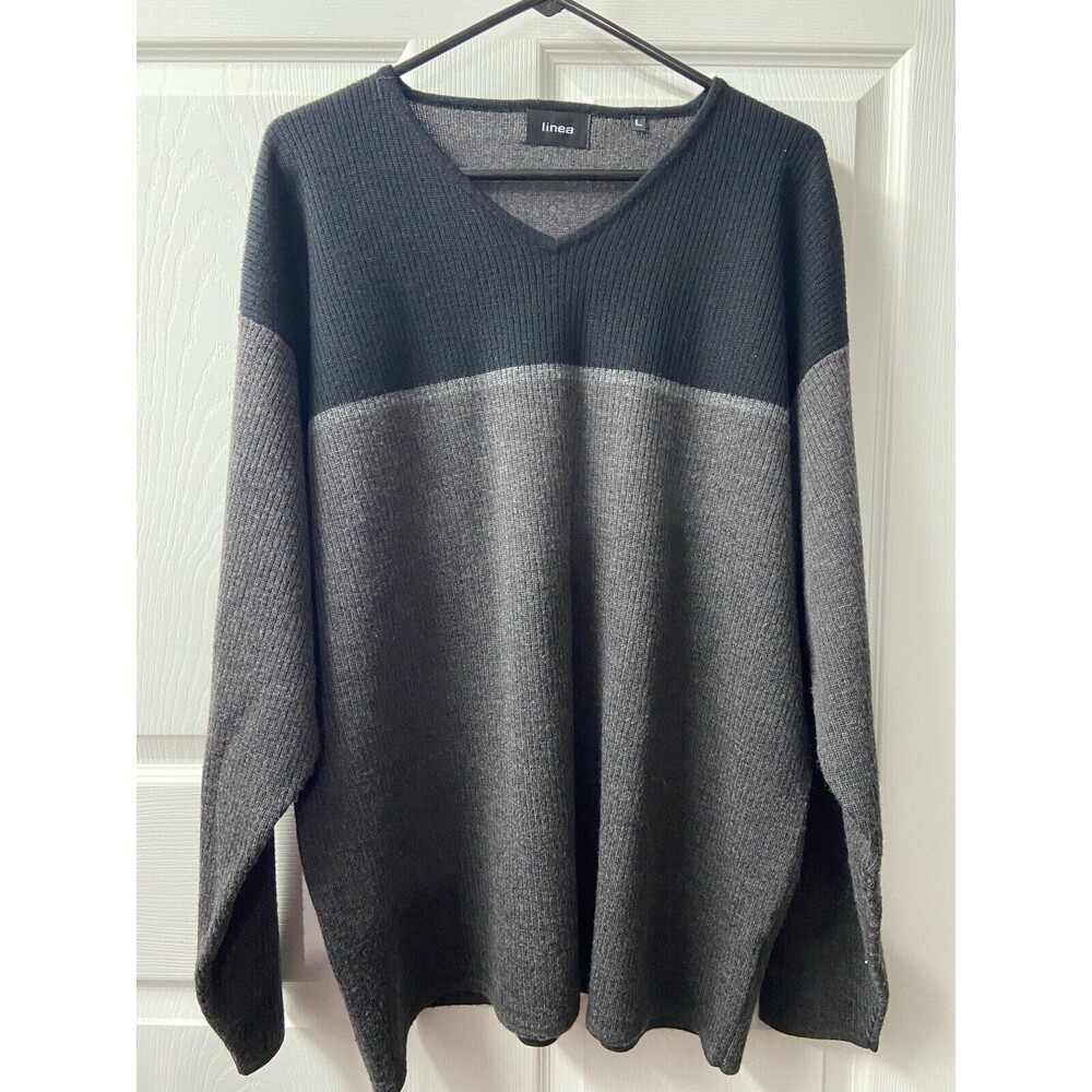 Linea Sweater Mens Large Black Grey V Neck Color block Pullover Wool Blend
